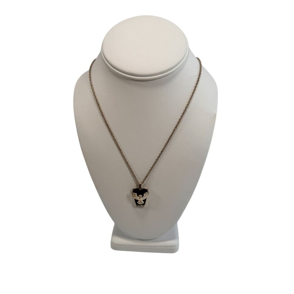Vintage American Eagle Silver Tone Onyx Eagle Pendant Necklace CZ Stones 18" - Picture 9 of 11